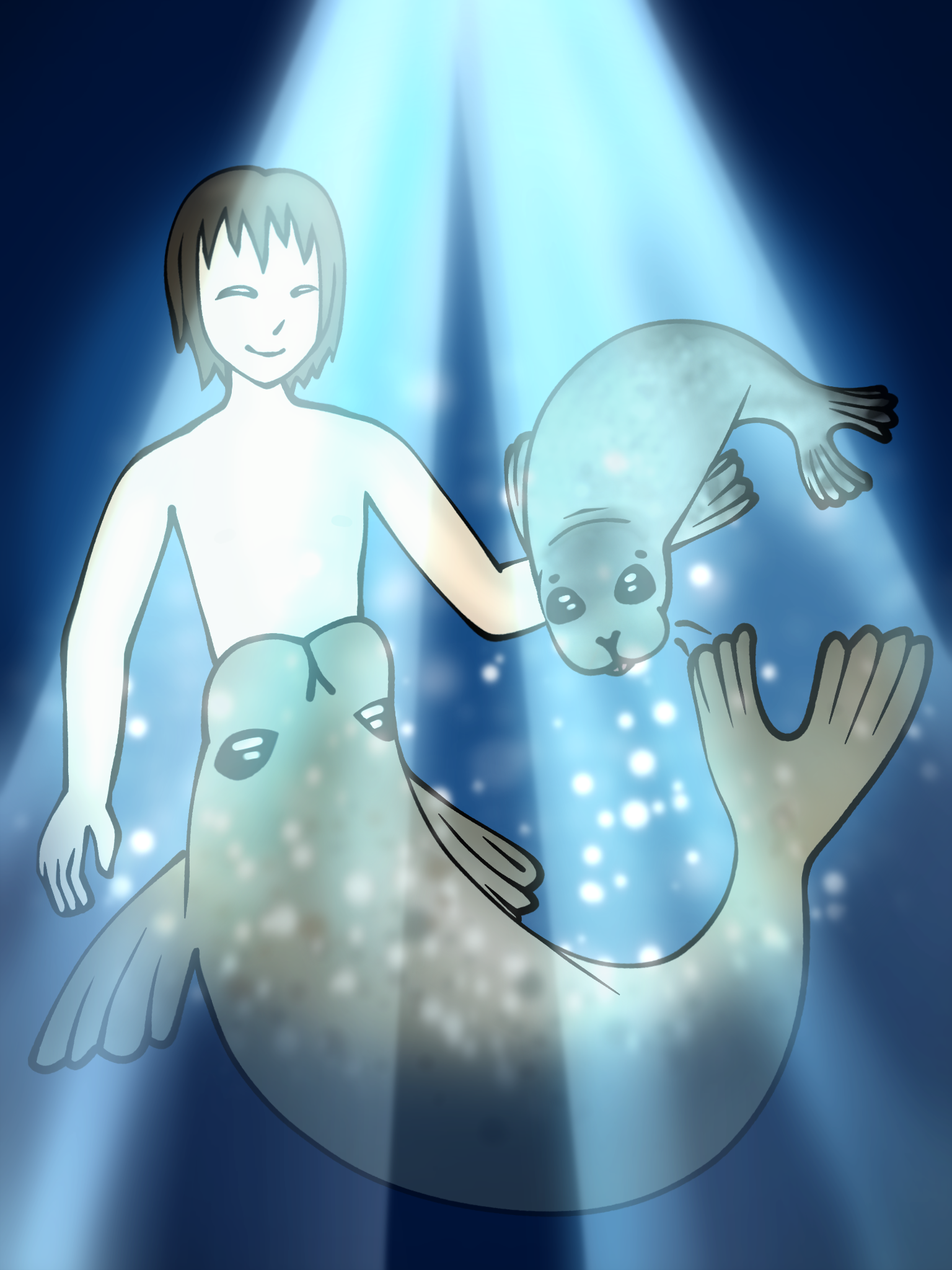 A selkie boy and a seal pup.